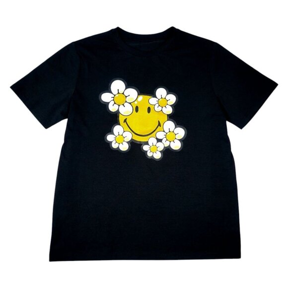 XL Smiley Face & Daisy Graphic Black T-Shirt Short Sleeve Cotton Casual Crewneck - Picture 1 of 9